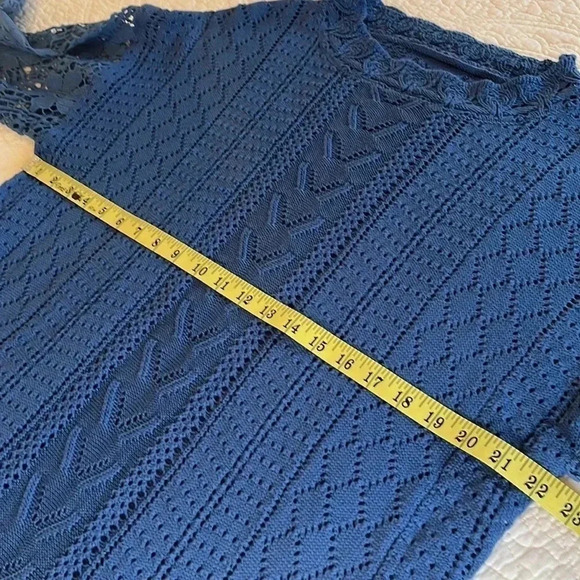 Knit Lacy Crochet Cable Sweater Womens Large Long Sleeves Blue Cottage Core Boho - Picture 9 of 16